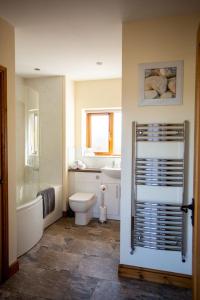 a bathroom with a toilet and a tub and a sink at Pentre Fach in Llanddewi Ystradenny