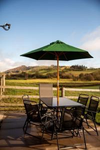 a table and chairs with a green umbrella at Pentre Fawr in Llanddewi Ystradenny