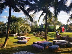 un grupo de colchones sobre la hierba bajo las palmeras en Chez Piera Resort, en Nakhon Ratchasima