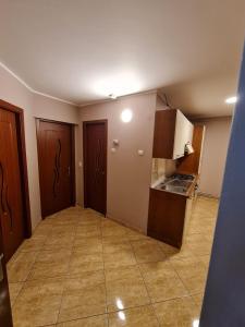 a room with a kitchen with a stove and cabinets at Apartament Avram in Petroşani