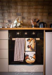 a kitchen with a stove with towels on the oven at The Prancing Pony in Llanrhaeadr-ym-Mochnant