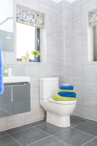 a white bathroom with a toilet and a sink at Lakeside property with spa access on a nature reserve Rainbows BV17 in Warmwell