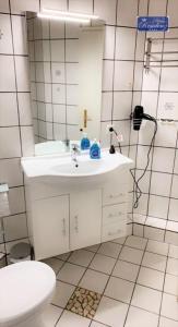 a bathroom with a sink and a toilet and a mirror at Saphir Suite in Westerdeichstrich