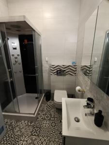 ein Bad mit einer Dusche, einem WC und einem Waschbecken in der Unterkunft Apartament Flins z garażem in Świeradów-Zdrój