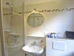 ein Bad mit einer Dusche, einem Waschbecken und einem Spiegel in der Unterkunft Bauernhof Ertlhof in Sachrang