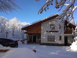 pokryty śniegiem dom z samochodem zaparkowanym przed nim w obiekcie Pintea Chalet w mieście Baia Sprie