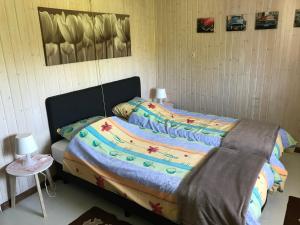 ein Schlafzimmer mit einem Bett und einem Tisch mit einer Lampe in der Unterkunft Beau-sejour in Francorchamps