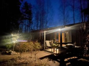 Upesciema Cottage في Upesciems: منزل به أضواء في الفناء ليلا