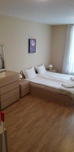 una camera con un grande letto e un pavimento in legno di Apartments in Aspen Suites a Bansko