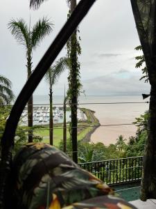 een uitzicht op het strand vanuit een resort met palmbomen bij Casa Federico in Quepos