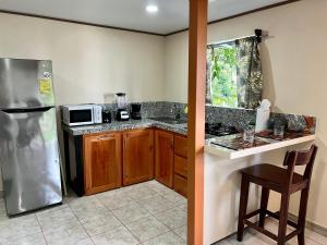 a kitchen with a stainless steel refrigerator and a microwave at Casa Federico in Quepos