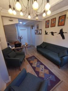 sala de estar con 2 sofás azules y sofá en Konut Wooden House en Estambul