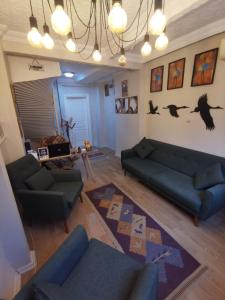 sala de estar con 2 sofás azules y sofá en Konut Wooden House, en Estambul 30 fotos más