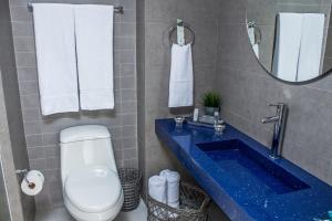 a bathroom with a white toilet and a blue sink at LD Plus in La Mira