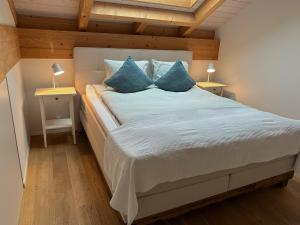 a bedroom with a large bed with blue pillows at Gästehaus myHideaway in Reichenbach