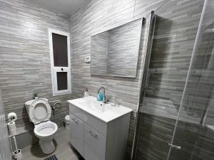 ein Bad mit einem WC, einem Waschbecken und einer Dusche in der Unterkunft A cozy 2bdrm home in Wadi-Nisnas Haifa in Haifa