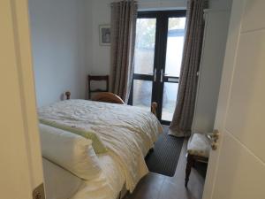 a bedroom with a bed and a door with a window at Lavender Mews in Tuam