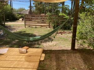 una hamaca atada a un árbol en un jardín en Hermosa Cabaña a 2 Cuadras De Los Botes, La Paloma, en La Paloma 9 fotos más