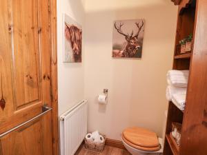 a bathroom with a toilet and a picture of a deer on the wall at Sarah's Cottage in Bridlington +24 photos