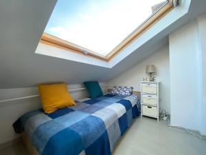um quarto com uma cama e uma clarabóia em LK17 - Loft in the Center em Sófia