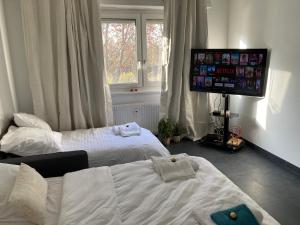 a bedroom with two beds and a flat screen tv at Strasbourg «La source de ValAuRa » De l’Eau à l’Or in Strasbourg