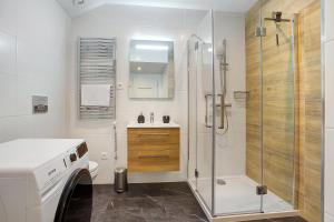 un bagno con doccia e lavatrice di Apartmán Kryštof - Jáchymov a Jáchymov Altre 17 foto