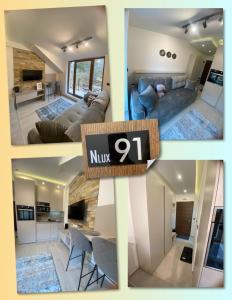 a collage of pictures of a living room and a kitchen at Apartmani Srna Milmari in Kopaonik