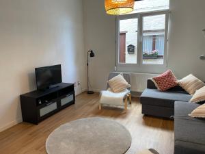 ein Wohnzimmer mit einem Sofa und einem TV in der Unterkunft House between Antwerp and Brussels in Rumst