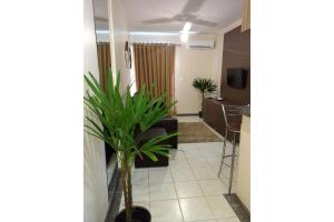 a living room with a plant in a room at Thermas Paradise Rio Quente Flats 319 in Rio Quente