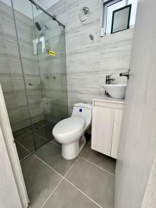 Apartamentos Sierra Verde Living في أبارتادو: حمام مع مرحاض ودش ومغسلة