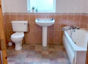 a bathroom with a toilet and a sink and a tub at Sarlyn Holiday Home Achill in River