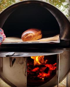 a loaf of bread is being cooked in an oven at Kampeerbeleving Dijksehoeve in Nistelrode