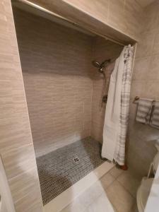 een badkamer met een douche en een douchegordijn bij Large Waterfront Modern Beach House in East Haven