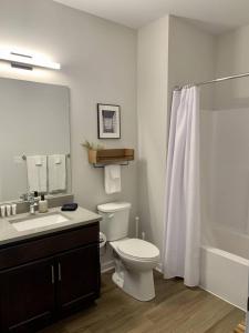 a bathroom with a toilet and a sink and a shower at Flexhome Brown Deer 1BR Apt G1 - READ INFO in Brown Deer