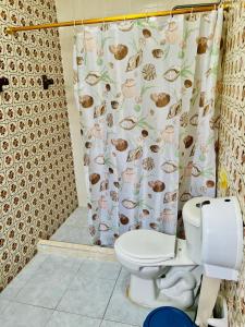 a bathroom with a toilet and a shower curtain at Hostal Liwa Kashi in Ríohacha