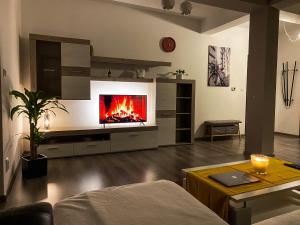 a living room with a fire in the fireplace at Cozy Residental Apartment in Košice