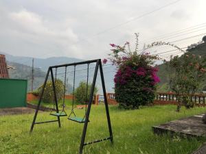 a swing set in a field of grass at Mountain Chalet - Tungurahua Hot Springs/Aguas Termales in Baños