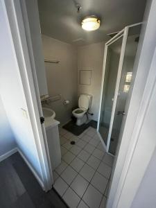a bathroom with a toilet and a walk in shower at Private room with ensuite in the CBD in Canberra