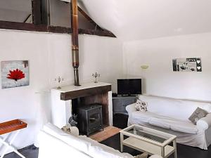 ein Wohnzimmer mit einem Kamin und 2 Sofas in der Unterkunft Nice holiday home in Saint Pierre de Frugie with garden in Saint-Pierre-de-Frugie