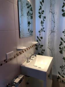 y baño con lavabo, espejo y cortina de ducha. en Villa Catedral en San Carlos de Bariloche