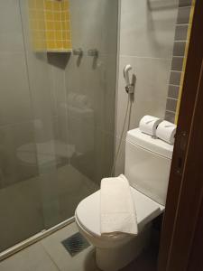 une salle de bain avec toilettes et douche en verre dans l'établissement Apartamento Enjoy Olimpia Park Resort, ao lado do Thermas, à Olímpia