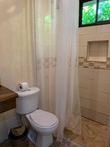 La salle de bains est pourvue de toilettes, d'une douche et d'une fenêtre. dans l'établissement Apartamento Entero El Guanacaste., à Santa Cruz