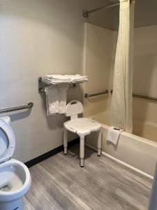 a bathroom with a toilet and a shower and a stool at Baymont by Wyndham Omaha SW in Omaha +26 photos