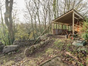 een hut in het bos met een houten dak bij The Anchorage in Haverfordwest