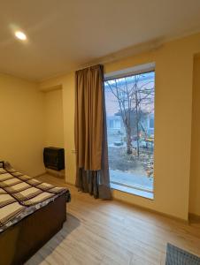 a bedroom with a large window and a bed at Berdo's Guest house in Sagarejo