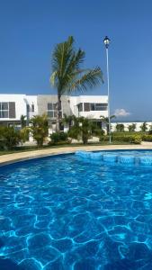 a large blue swimming pool with a palm tree in the background at Hermosa casa en Acapulco con club de Playa. in Acapulco