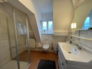 a bathroom with a shower and a sink and a toilet at Ferienappartement Türmerstube in Schlitz