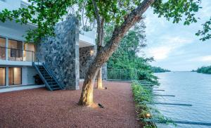 a building with a tree next to the water at AJ Villa in Negombo