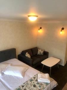 een hotelkamer met een bed en een bank bij BUCEGI VIEW APARTAMENT in Sinaia