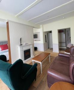 a living room with a couch and a fireplace at Hotel Regina in Wengen